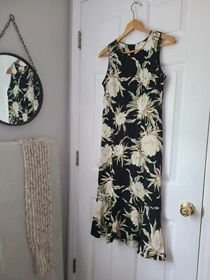 Vestido Midi Hawaiano Floral Iolani De Colección Talla S Negro Crema Hibisco Vacaciones Luau Foto 1 de 4