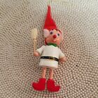 Wooden Vintage Christmas Elf w/Hat, Pink Felt Ears and holding Broom