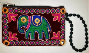 Bolso sin asas elefante hecho a mano bordado indio 7,5"x4,75" boho gitano billetera - Imagen 1 de 7