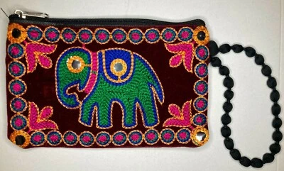 Bolso sin asas elefante hecho a mano bordado indio 7,5"x4,75" boho gitano billetera Foto 1 de 4