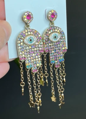 NUEVO Pendientes de Mano Betsey Johnson Mal de Ojo Multicolor Piedra Hamsa Foto 1 de 4