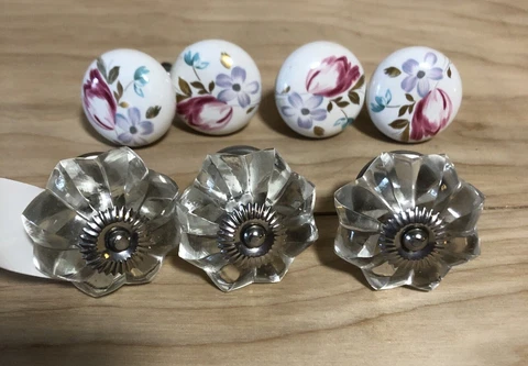 7 Drawer Pulls Cabinet Knobs - 4 Vintage Porcelain Rose Knobs & 3 Faceted Glass Cover