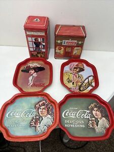 Coca Cola 4 Small Tin Trays  and 2 Tin Boxes Vintage 1980’s-1990 Gift Idea