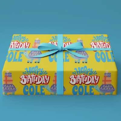 Name Personalized Birthday Gift Wrapping Paper w/ Turtle Party Parade Gift Wrap - Image 1 of 4