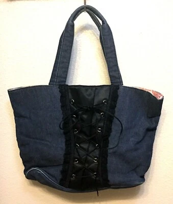 Victorias Secret Azul Jean Bolso Cubo Cartera Corsé Con Cordones Forro Rosa  Foto 1 de 4