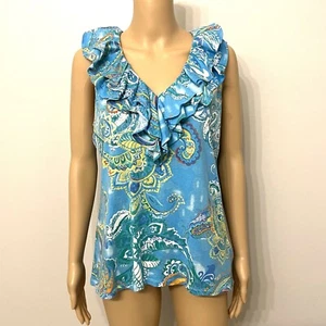 Lauren Ralph Lauren Blue Floral Ruffle Neck Cotton Sleeveless Top Size Large - Picture 1 of 6