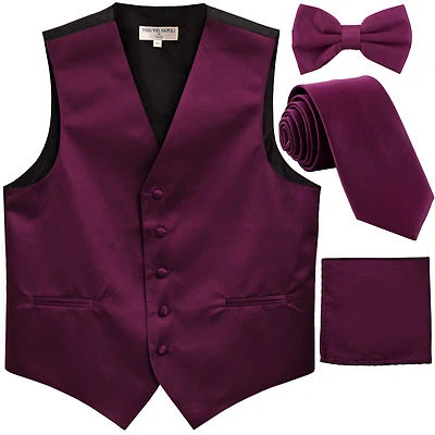 New Men's solid Tuxedo Vest Waistcoat & necktie & Bow tie & Hankie dark purple - Image 1 of 4