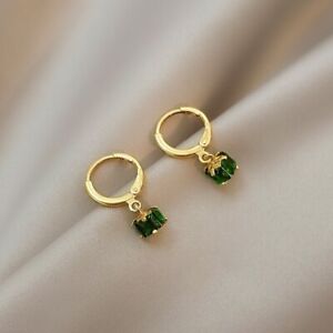 18K Gold Plated Emerald Dangle Drop Earrings for Women,Huggie Gold Hoop Earrings