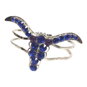 Blue Longhorn Rhinestone Spring Cuff Bracelet Western Cowgirl Bling Jewelry - Picture 1 of 3