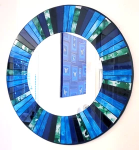 Espejo Pared Mosaico Redondo Diseño Rayo Azul y Verde, Hecho a Mano en Bali, 50cm-NUEVO - Imagen 1 de 7