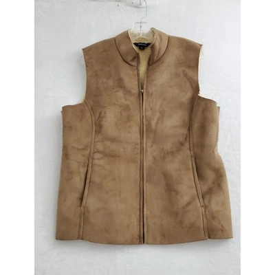 Lands’ End Mujer’s 14-16 Marrón Imitación Cuero Forrado Vellón Cremallera Chaleco Invierno Cálido Foto 1 de 4