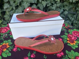 Coach Lucy Daisy Flip Flops Thong Sandals Cherry Red Sz 9 w/Box Leather - Picture 1 of 5