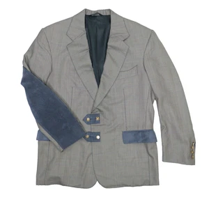Vintage Grey Plaid Wool Blazer w/ Blue Suede Elbow Patches Equestrian Jacket 44R - Picture 1 of 20