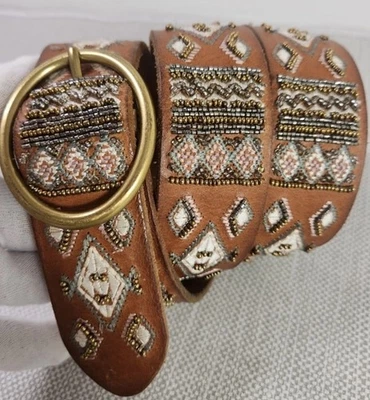 Lucky Brand XL Leather Belt Embroidery Beaded Embellished Boho Hippie Brown - Image 1 of 4