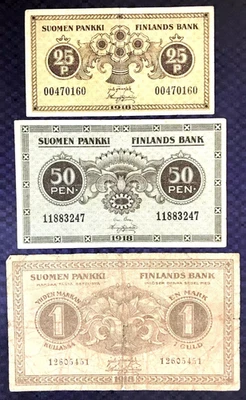 1918 FINLAND - 25p, 50p, 1 MARKKAA - set of 3 notes - MB7 - Image 1 of 2