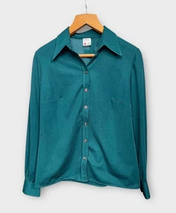 Vintage St Michael 1970s blouse EU 44 green pointed collar shirt UK 10 retro - Picture 1 of 7