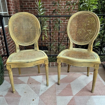 Antique French Louis XVI Style Hand Carved Cane Dining Chairs – Set of 2 - Image 1 of 4