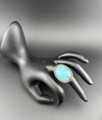 Anillo Turquesa Ovalado Cabachon Halo Marcasita Plata de Ley De Colección Foto 1 de 4