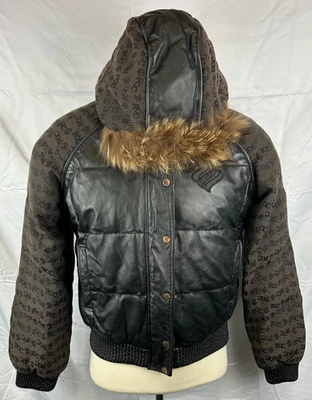 Chaqueta para mujer Rocawear grande negra acolchada de cuero con ribete de piel Y2K Foto 1 de 4