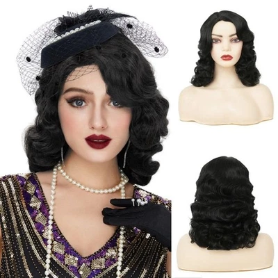 Black Curly Finger Wave 1920s Long Wig for Women - Vintage Synthetic Cosplay Wig - Image 1 of 4
