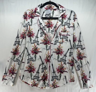 Pijama del Gato París Torre Eiffel Floral Algodón Franela Pijama Top Talla Pequeña Foto 1 de 4