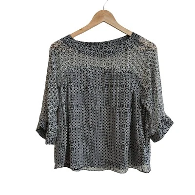Joie Black White Geometric Print 3/4 Sleeve Boat Neck Womens Size S Silk Blouse - Image 1 of 4