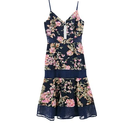 NUEVO CON ETIQUETAS ADELYN RAE Vestido Midi Azul Bordado Floral Crochet Talla PEQUEÑO Foto 1 de 4