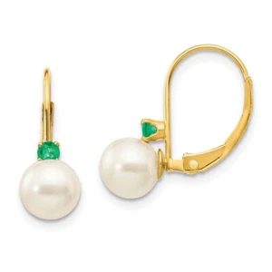 Real 14K Yellow Gold 6-6.5mm White FW Cultured Pearl Emerald Leverback Earrings - Picture 1 of 6