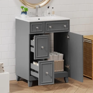 Modern Bathroom Vanity with Ceramic Sink - 2 Drawers & Soft-Close Door Cabinet - Picture 1 of 18