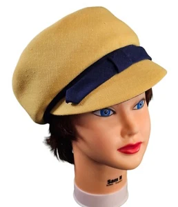 Vintage 1960s Alex Lilli of California Breton Hat Cap Newsboy Yellow Blue Belt - Picture 1 of 9