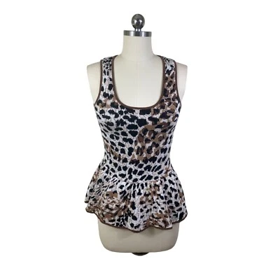 Boston Proper Womens Knit Sweater Peplum XXS Brown Animal Print Sleeveless Scoop - Image 1 of 4