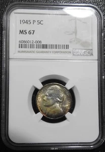 1945-P Silver Jefferson War Nickel - NGC MS-67 - Spectacular Multi-color Toning - Picture 1 of 4
