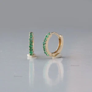 14K Gold Faceted May Birthstone Genuine Emerald Engagement Mini Hoops Earrings - Picture 1 of 12