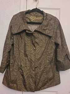 GUESS Gold Label Rain Coat Jacket Women's Size Large Brown Green Animal Print - Picture 1 of 10