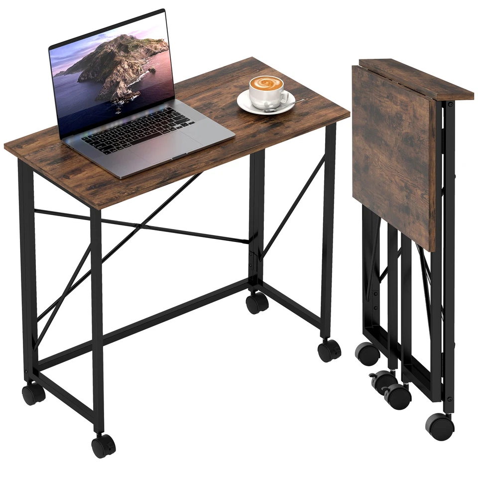 HOMCOM Folding Desk on Wheels, Writing Table for Home Office, Brown - Image 1 of 4