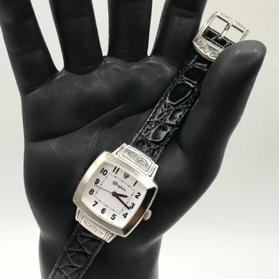 Brighton Watch Orchard Easy Read Black Leather New Battery Silver Plate Vintage - Image 1 of 4