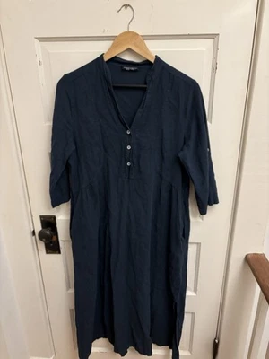 Maxi Vestido Francesca Bettini Para Mujer Azul Marino Lino Bolsillos Mangas con Pestaña Enrollable Pequeño Foto 1 de 4