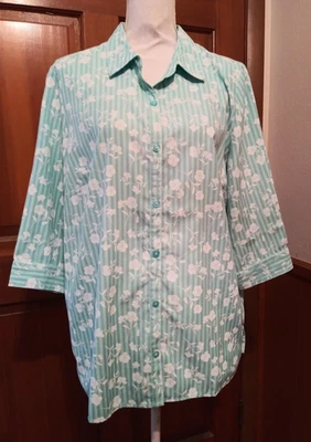 Blair L 绿色条纹衬衫长袖纽扣前襟不均匀圆形下摆 Blaig — 第 1/4 张图片