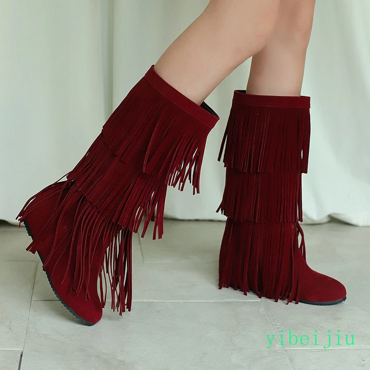 2025 Para mujeres Botas de media pantorrilla con flecos con borla de gamuza sintética Zapatos de tacón de cuña ocultos bajos Foto 1 de 4