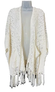 Umgee Mujer Boho Crochet Capucha Kimono Encogerse de hombros Borlas Talla M/L Crema - Imagen 1 de 7