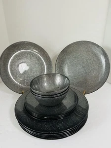 Akcam Turkish Dinner Glass Set~8 Dinner/4 Salad/ 3 Bowls Silver Graphite Glitter - Picture 1 of 18