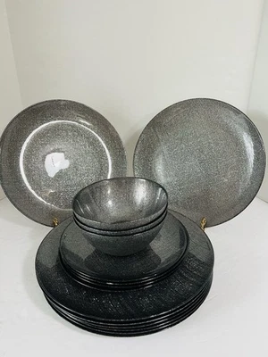Akcam Turkish Dinner Glass Set~8 Dinner/4 Salad/ 3 Bowls Silver Graphite Glitter - Image 1 of 4