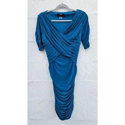 Vestido Miss Sixty Medio Azul M60 Acanalado Plisado Cuello en V Bodycon Mini Y2K 90s Club Foto 1 de 4