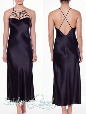 Langes Seidennegligé ICONIC PIPING schwarz von Luna di Seta raffiniert - Bild 1 von 2