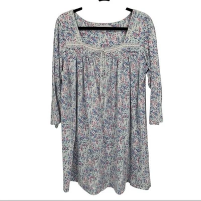 Eileen West Floral Nightgown White Pink Blue Lace Square Neck Button Front Large - Image 1 of 4