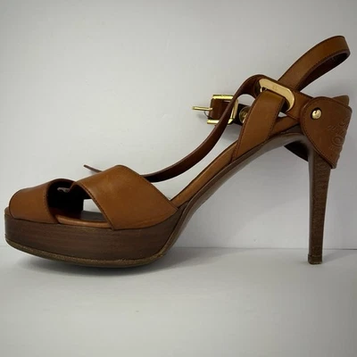 Lindo Tacón Alto Ralph Lauren Etiqueta Púrpura Línea Lujo Talla 8 Marrón Para Mujer Punta Abierta Foto 1 de 4