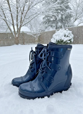 Botas de cuña Sorel Joan of Arctic azul oscuro talla 9,5 impermeables encaje cuña Foto 1 de 4