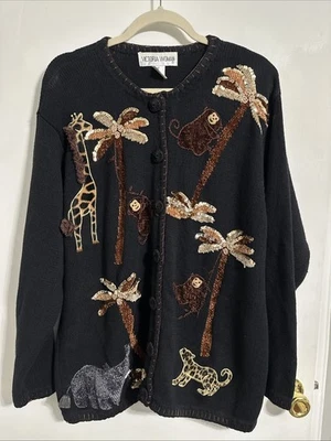 Vintage 90s Wearable Art Novelty Animal Sequin Embroidered Knit Cardigan 1X READ - Image 1 of 4