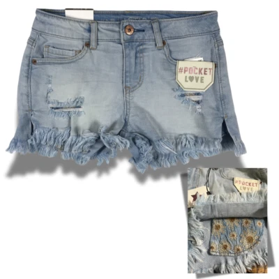 VANILLA STAR Distressed Light Blue Embroidered Pocket Hi-Low Jean Shorts 11 - Image 1 of 4