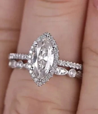 WHITE GOLD PLTD/WHITE SAPPHIRES MARQUIS CUT Wedding/Engagement/Ring SET Sz 6 - Image 1 of 4